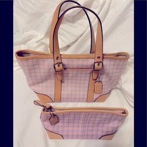 Pink plaid Hampton mini Coach bag with matching cosmetics bag.